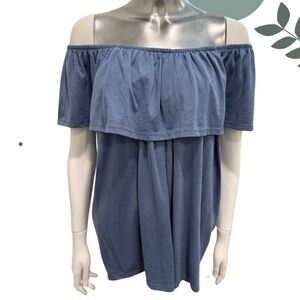 Women’s Off-Shoulder Blue Ruffle Top Large | Summer Casual Stretchy Knit Blouse